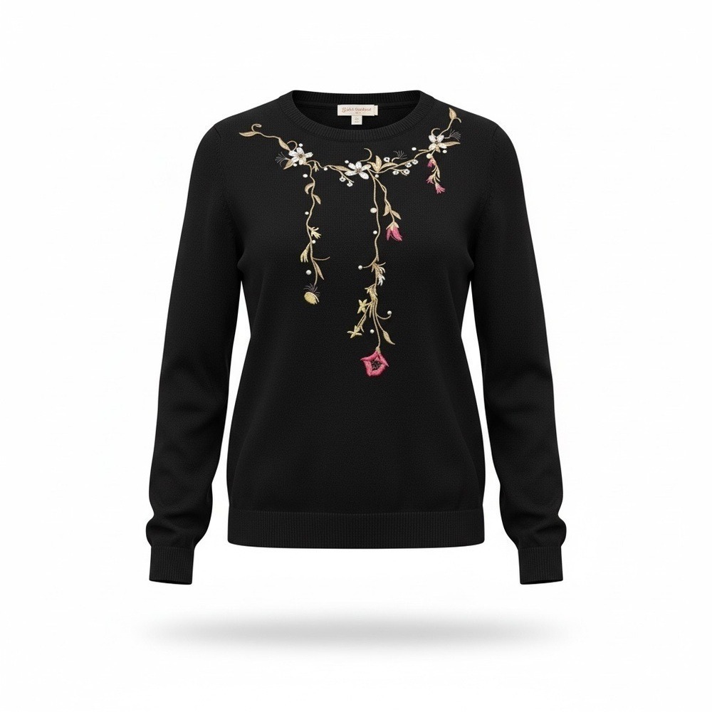 St. John's Bay Festive Holiday Floral Embroidered Pearl Sweater Women's M Black